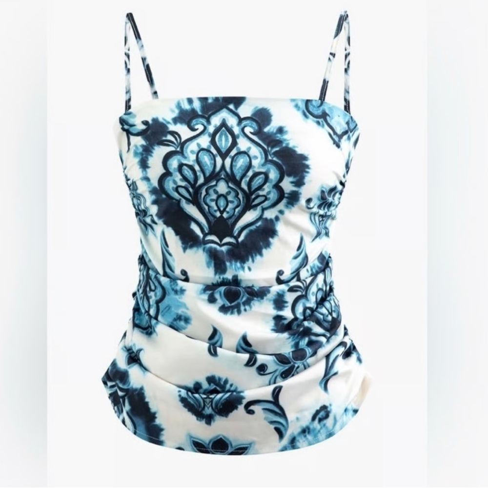 Zara White & Blue Printed Spaghetti Strap Tank Top